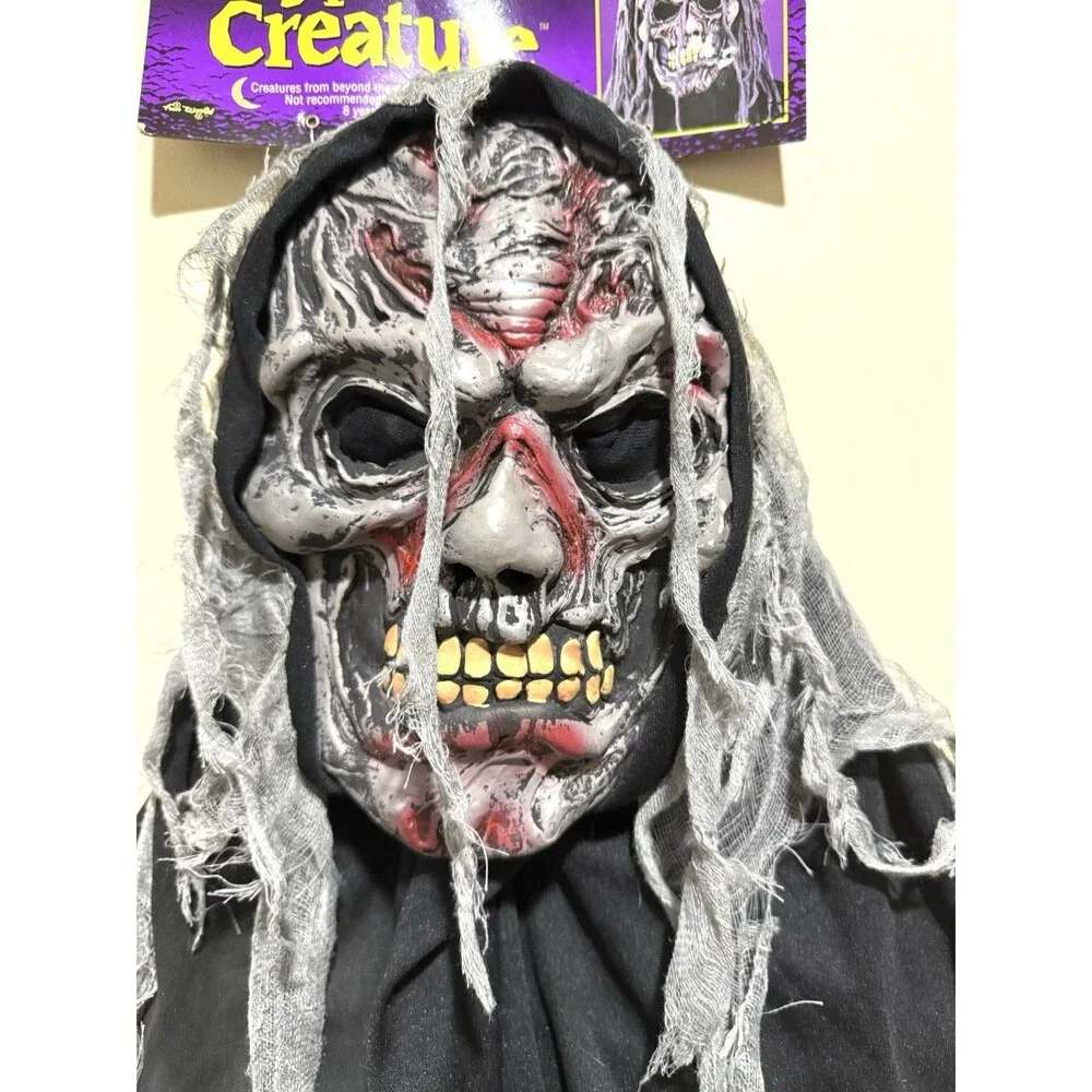 Scary Skeleton Zombie Mask Hood Long Gray Hair Halloween Adult Horror Costume